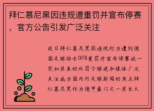 拜仁慕尼黑因违规遭重罚并宣布停赛，官方公告引发广泛关注